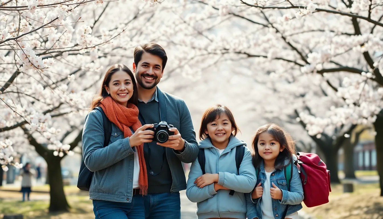 Family enjoying cherry blossoms in Japan during spring.